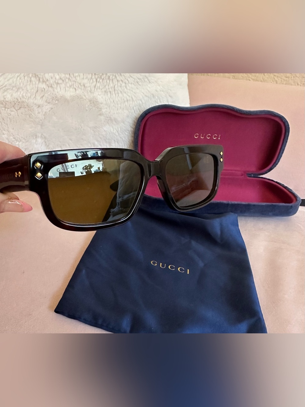 Gucci Authentic Men’s/Unisex Havana Rectangular Sunglasses GG1218S Green Lenses.